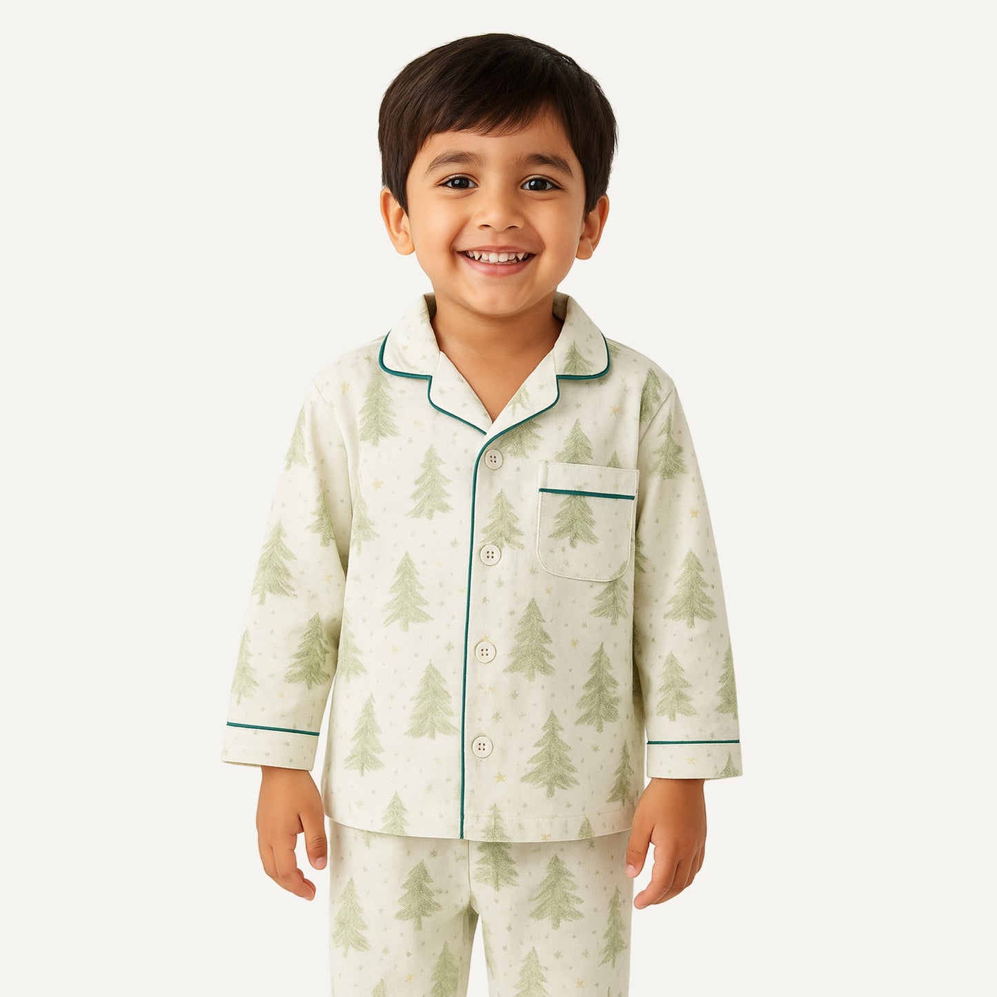 Kids Cotton Nightwear Pajama Set – White with Pine Tree Print