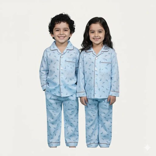 Kids Cotton Night Suit – Blue Dolphin Print Pajama Set