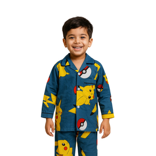 Kids Pikachu Print Cotton Nightwear Pajama Set – Blue Pokemon Sleepwear Pakistan
