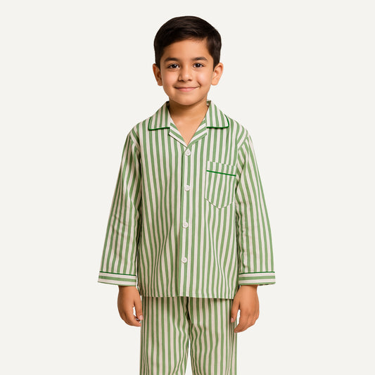 Kids Green Striped Cotton Nightwear Pajama Set
