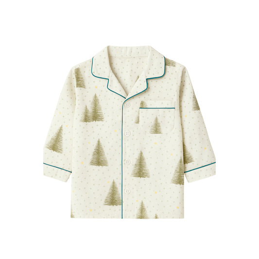 Kids Cotton Nightwear Pajama Set – White with Pine Tree Print