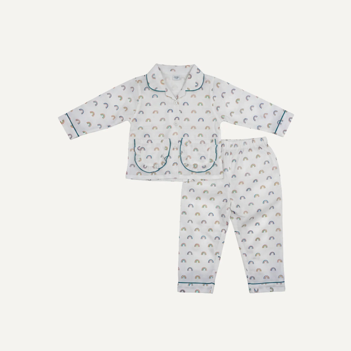 Girls Rainbow Print Cotton Night Suit with Collar