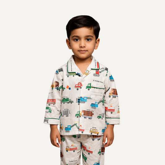 Boys Cotton Night Suit – Construction Truck Print Pajama Set