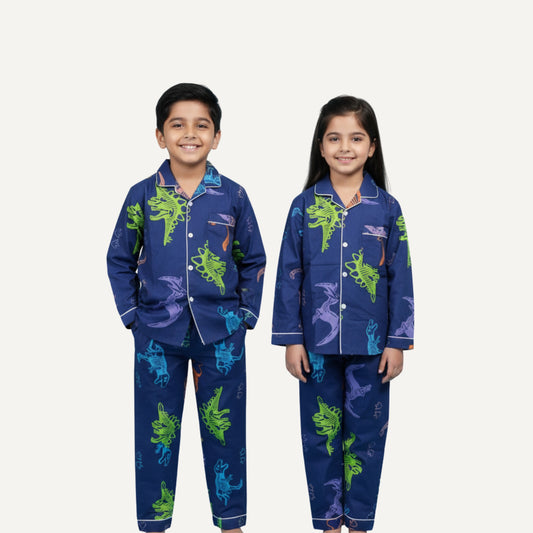 Kids Dinosaur Fossil Night Suit – Unisex Cotton Pajama Set