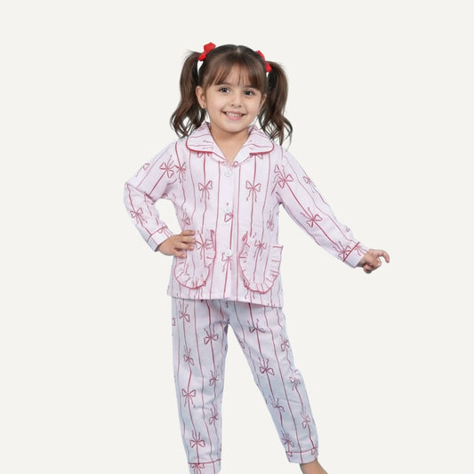 Girls Pink Bow Print Kids Night Suit – Soft Cotton Pajama Set