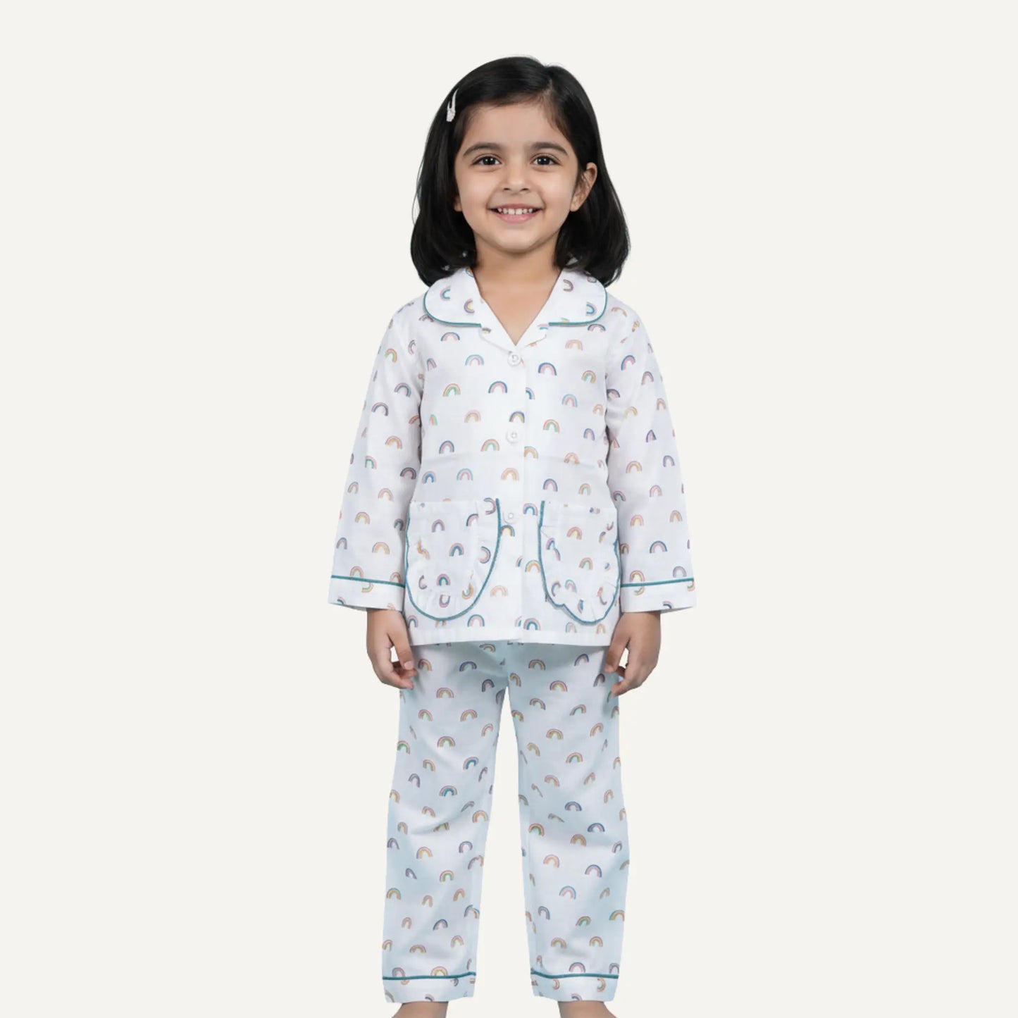 Girls Rainbow Print Cotton Night Suit with Collar