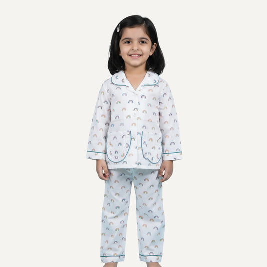 Girls Rainbow Print Cotton Night Suit with Collar