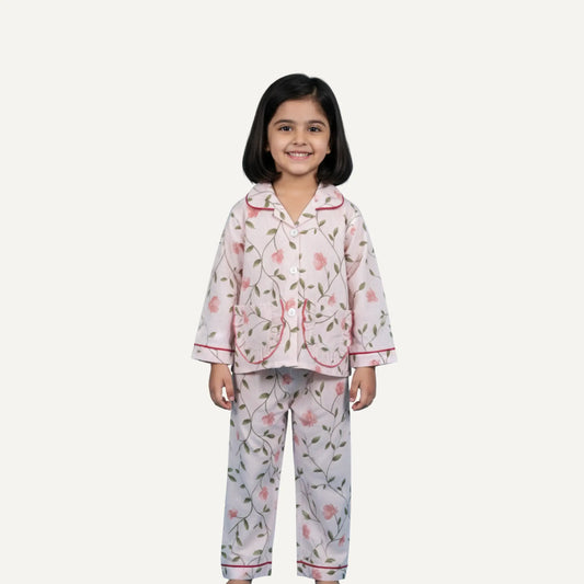 Girls Pink Floral Print Cotton Night Suit