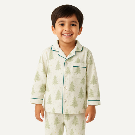 Kids Cotton Nightwear Pajama Set – White with Pine Tree Print